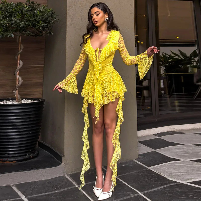 Glorol - See-Through Lace Long Sleeve V-Neck Mini Dress