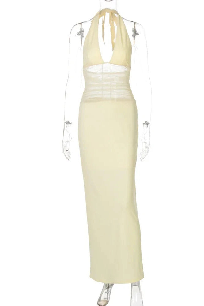 Glorol - See Through Deep V Neck Sleeveless Backless Bodycon Maxi Dress