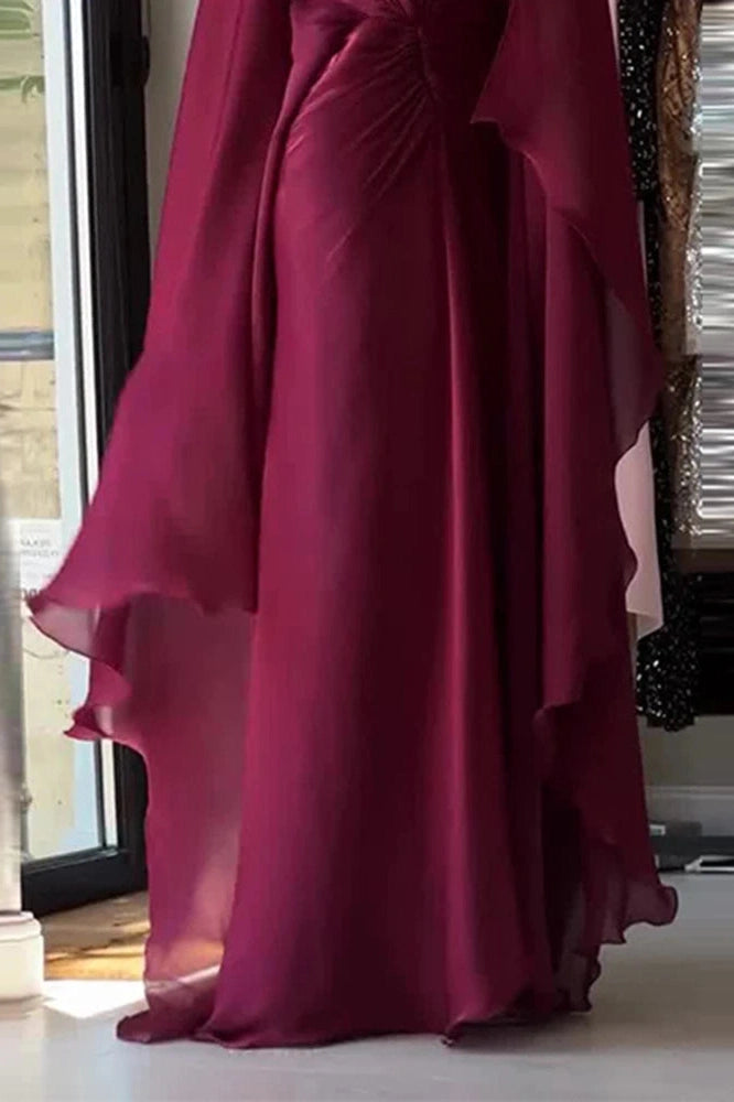 Glorol - Long Sleeve Lace Up O-Neck Loose Pleated Maxi Dress