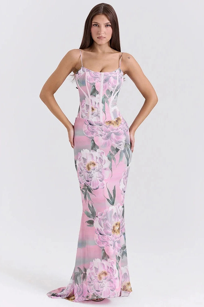 Glorol - Floral Spaghetti Strap Sleeveless Backless Maxi Dress