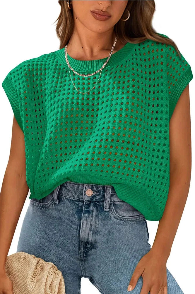Glorol - Hollow Out O-Neck Loose Knitted Top