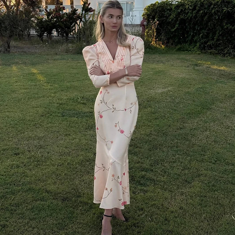 Glorol - Print Pleated V-Neck Puff Sleeve Maxi Dress