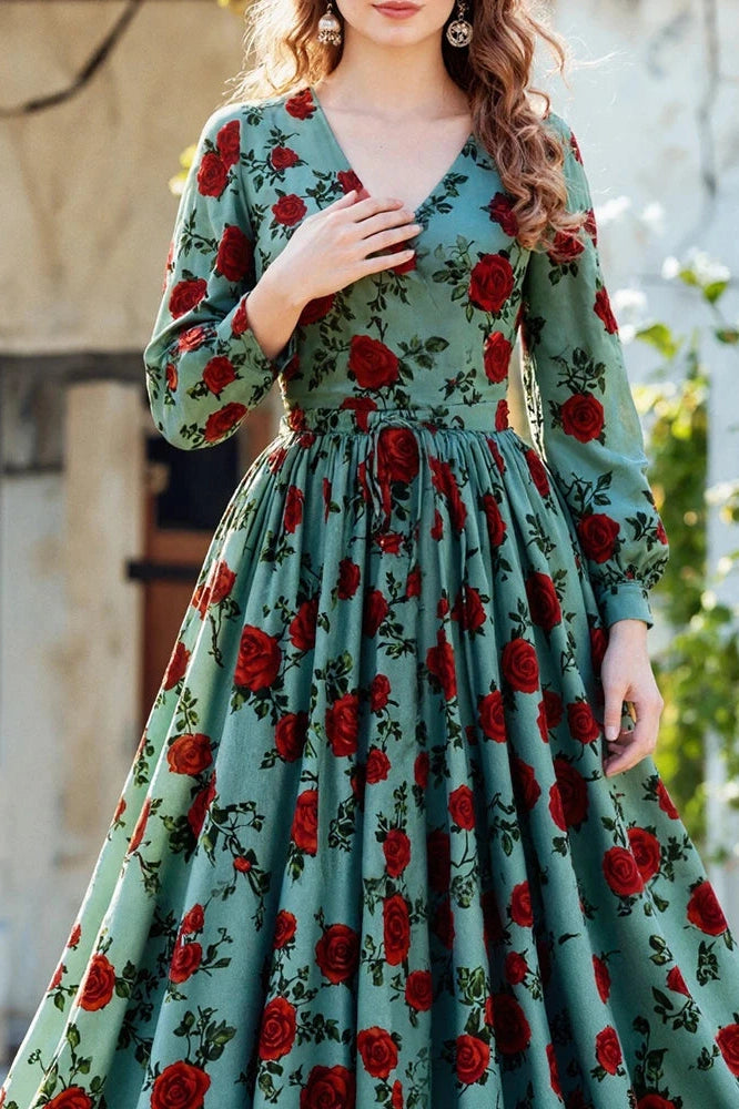 Glorol - Elegant Long Sleeve Slim Pleated V-Neck Printed Maxi Dress