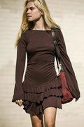 Glorol - Long Sleeve O Neck High Waist A-line Mini Dress