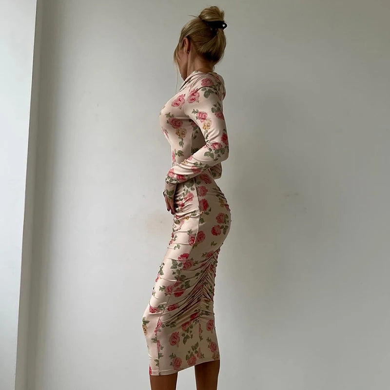 Glorol - Printed Pleated Long Sleeve Bodycon Midi Dress