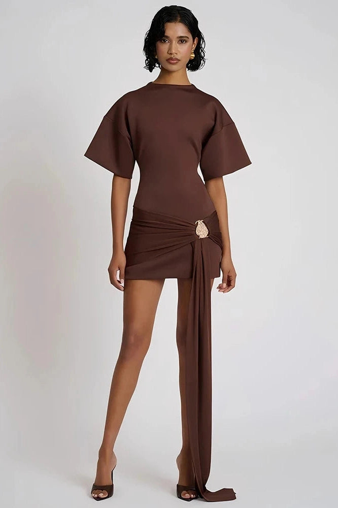 Glorol - Short Sleeve O Neck High Waist Mini Dress