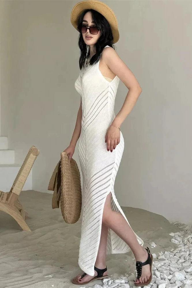 Glorol - Hollow Out Patchwork High Waist Sleeveless Maxi Dress
