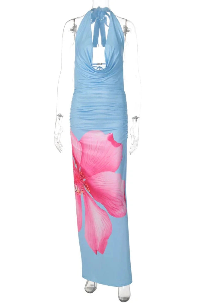 Glorol - Printed Backless Sleeveless Split Bodycon Maxi Dress
