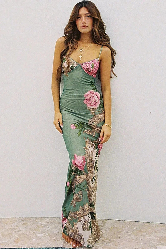 Glorol - Printed Slim Spaghetti Strap Maxi Dress