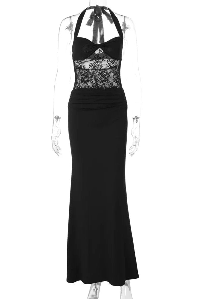 Glorol - Backless Lace See Through Square Collar Sleeveless Bodycon Maxi Dress