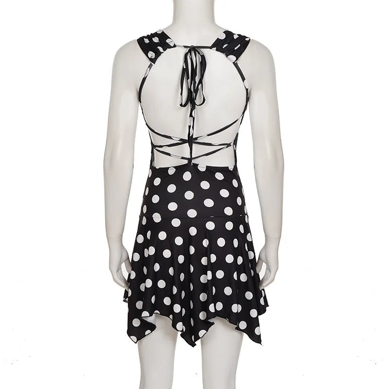 Glorol - Polka Dot Off-Shoulder Long Sleeve Patchwork Mini Dress