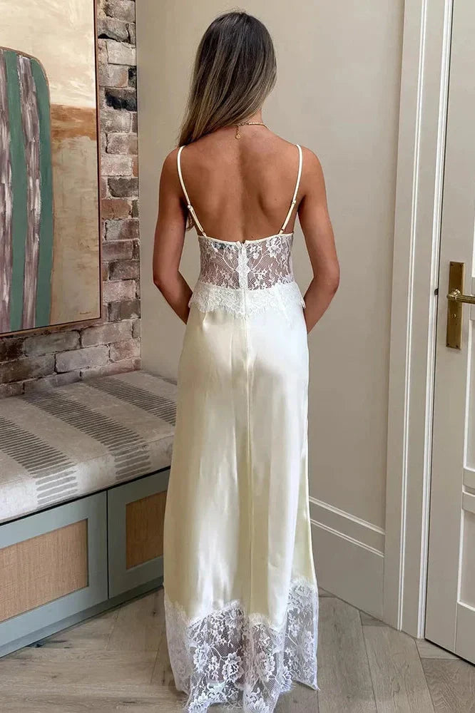 V-Neck Lace Patchwork See-Through Printed Maxi Dress