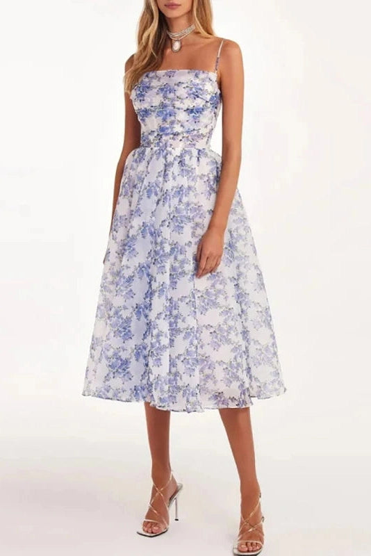 Glorol - Slash Neck Printed Sleeveless High Waist Pleated Midi Dress