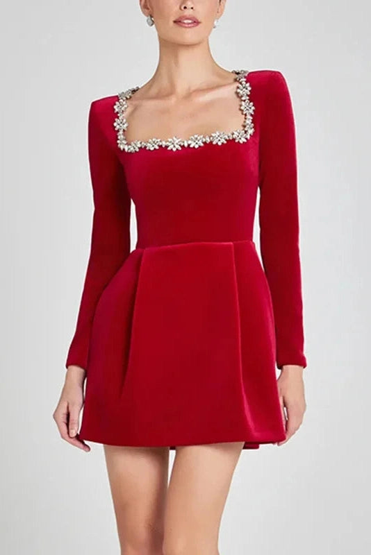 Glorol - Elegant Square Neck Velvet Slim A-Line Long Sleeve Mini Dress
