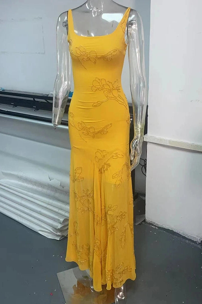 Glorol - Spaghetti Strap Backless Sleeveless Lace-Up Bodycon Maxi Dress