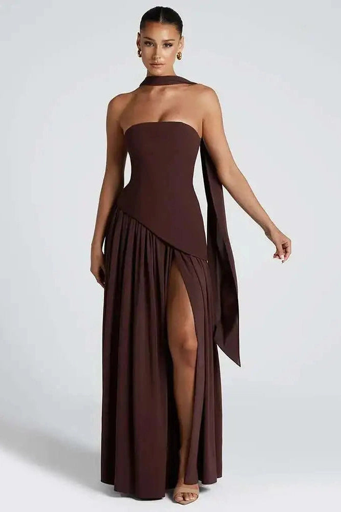 Glorol - Strapless Off-Shoulder Patchwork Scarf Collar High Split Maxi Dress