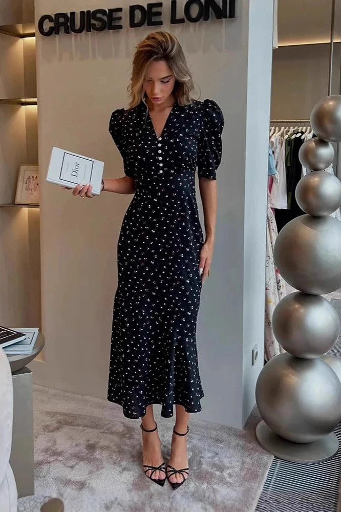 Glorol - Elegant Printed Puff Sleeve V-Neck High Waist Maxi Dress