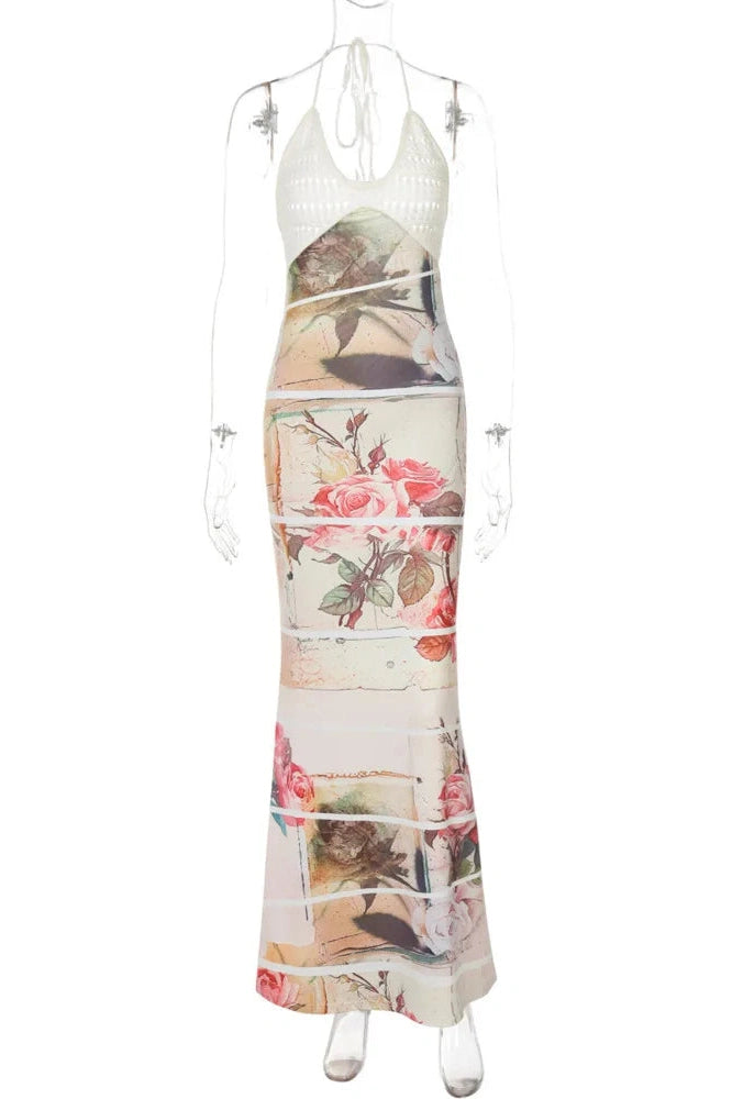 Glorol - Backless Printed Patchwork Lace-up Sleeveless Bodycon Maxi Dress
