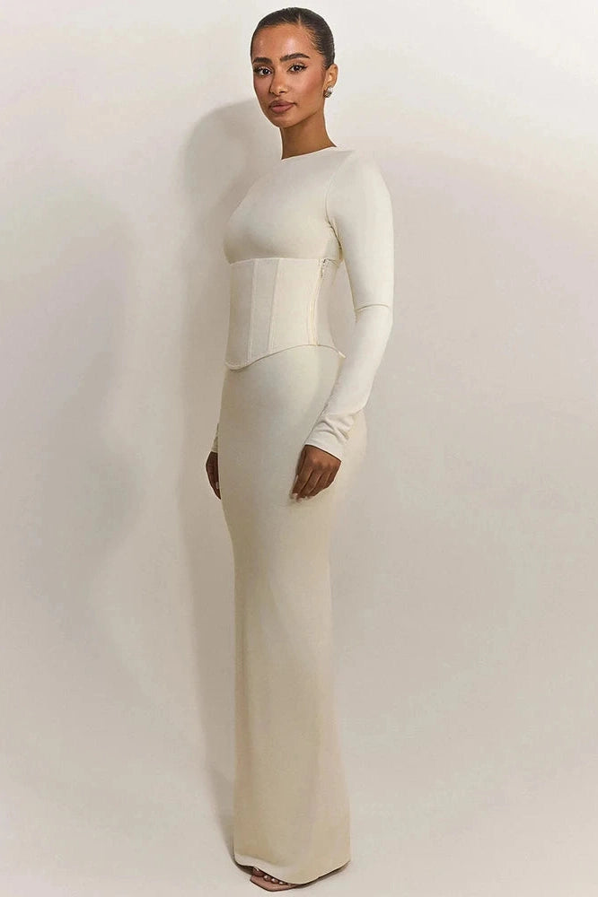 Glorol - Long Sleeve High Waist Split Zipper O Neck Bodycon Maxi Dress