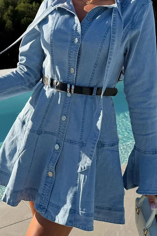 Glorol - Long Sleeve Slim Pleated Lace Up Mini Dress