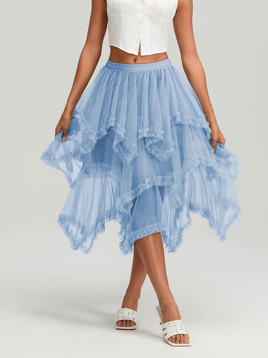 Glorol - High Waist Layered Tulle Frill Trim Skirt