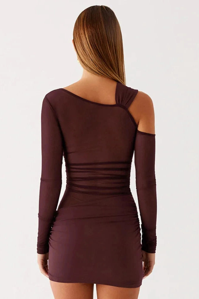 Glorol - Inclined Shoulder Long Sleeve See Through Backless Mini Dress