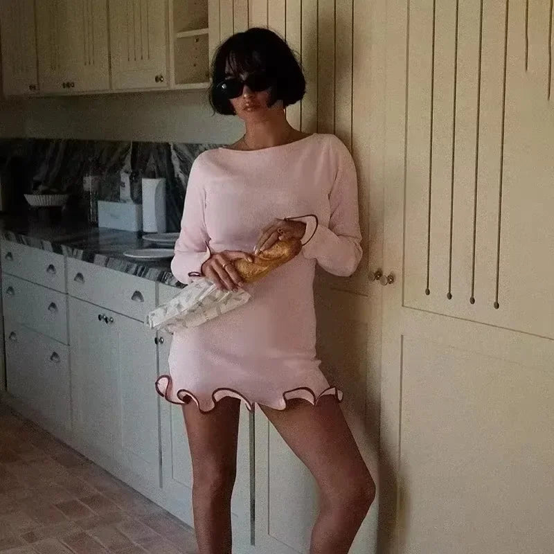 Glorol - Knitted O-Neck Long Sleeve Slim Mini Dress