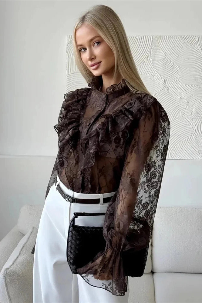 Glorol - Lace Printed See-Through Long Sleeve Top