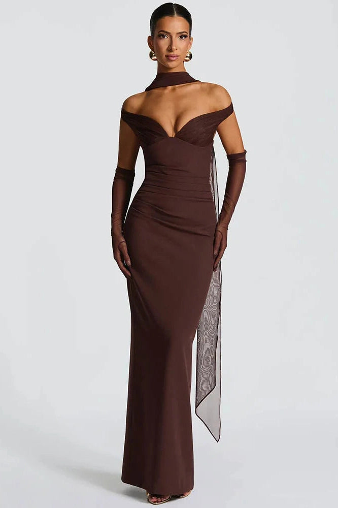 Glorol - Scarf Collar Off-Shoulder Strapless Backless Maxi Dress