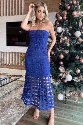 Glorol - Hollow Out Strapless Knitted Slim Sleeveless Maxi Dress