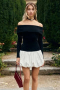 Glorol - Elegant Off-Shoulder Patchwork Long Sleeve Slim Mini Dress
