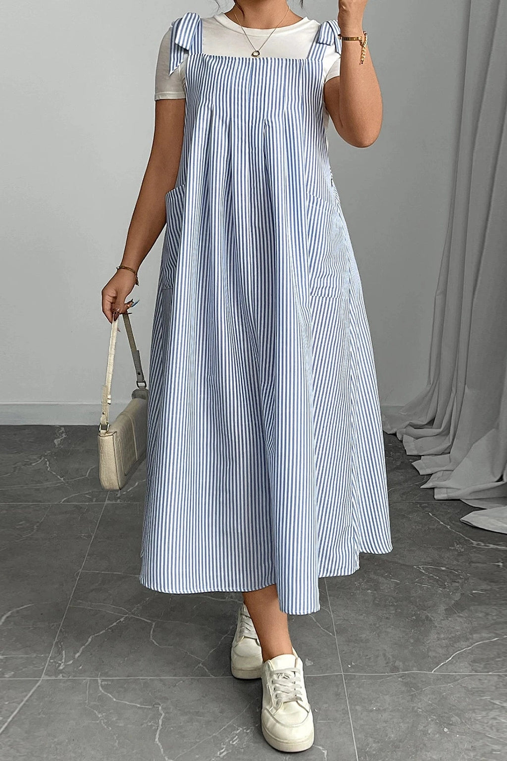 Glorol - Sleeveless Tie Shoulder Striped Loose Maxi Dress