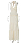 V-Neck Lace-Up Patchwork Pleated Slim Maxi Dress