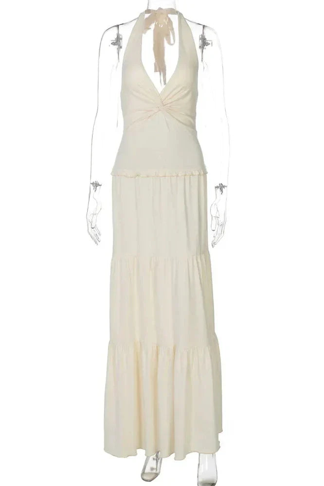V-Neck Lace-Up Patchwork Pleated Slim Maxi Dress