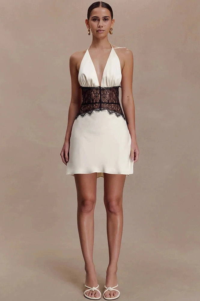 Glorol - Lace Patchwork V Neck Sleeveless Backless High Waist Mini Dress