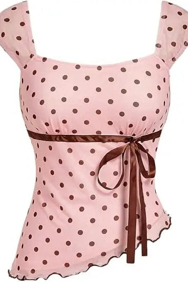 Glorol - Dot Print Slim Fit Square Neck Top