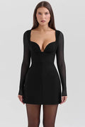 Glorol - Plunge Neck Long Sleeve Backless Mini Dress
