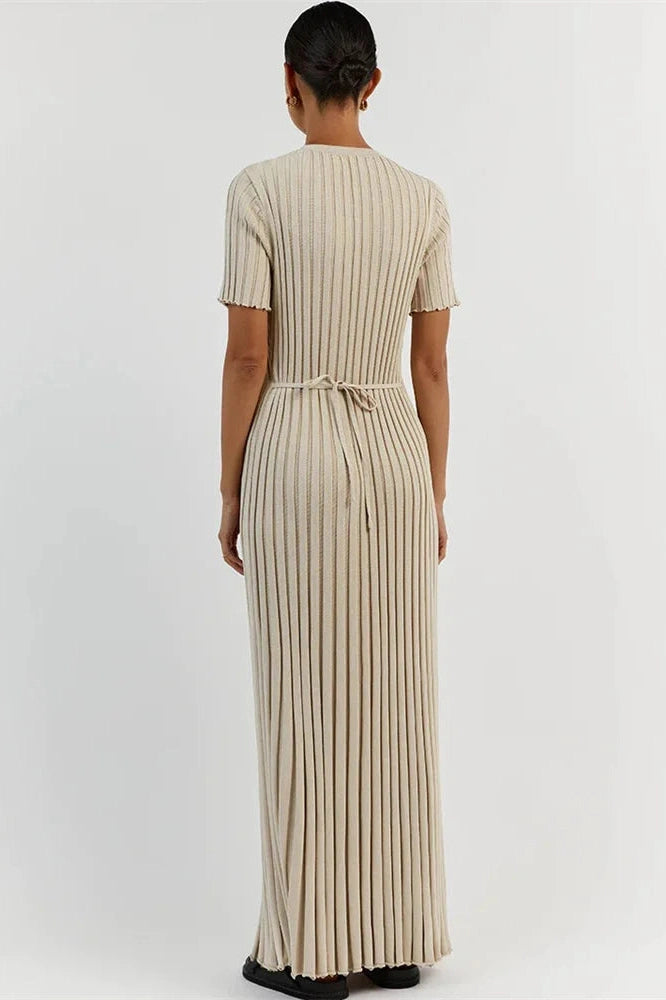 Glorol - Short Sleeve Lace-Up High Waist Patchwork Maxi Dress