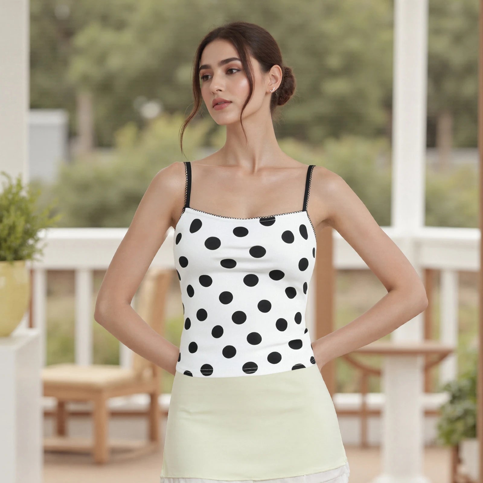 Glorol - Sleeveless Dot Print Slim Fit Top