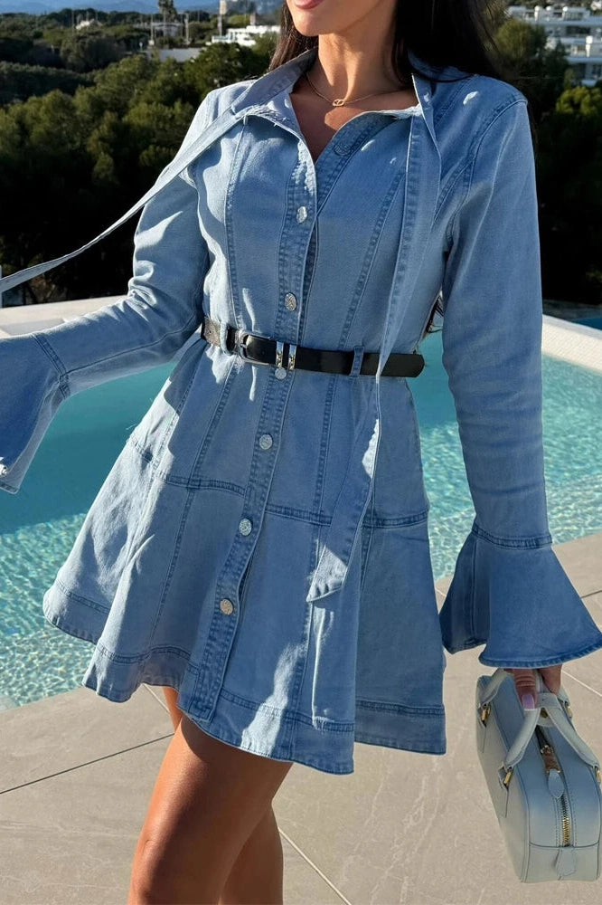 Glorol - Long Sleeve Slim Pleated Lace Up Mini Dress