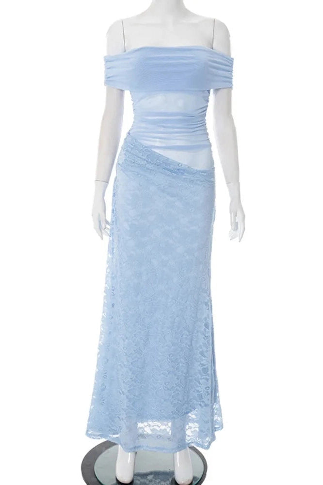 Glorol - Off-Shoulder Strapless Sleeveless Backless Lace See Through Maxi Dress