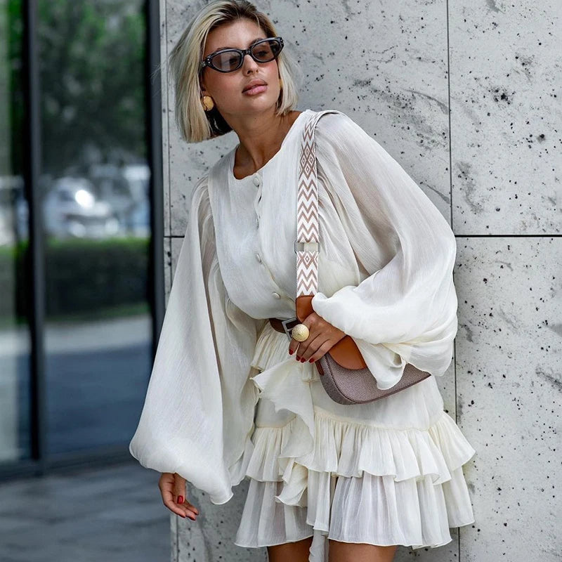 Glorol - Elegant Long Sleeve See Through Mini Dress