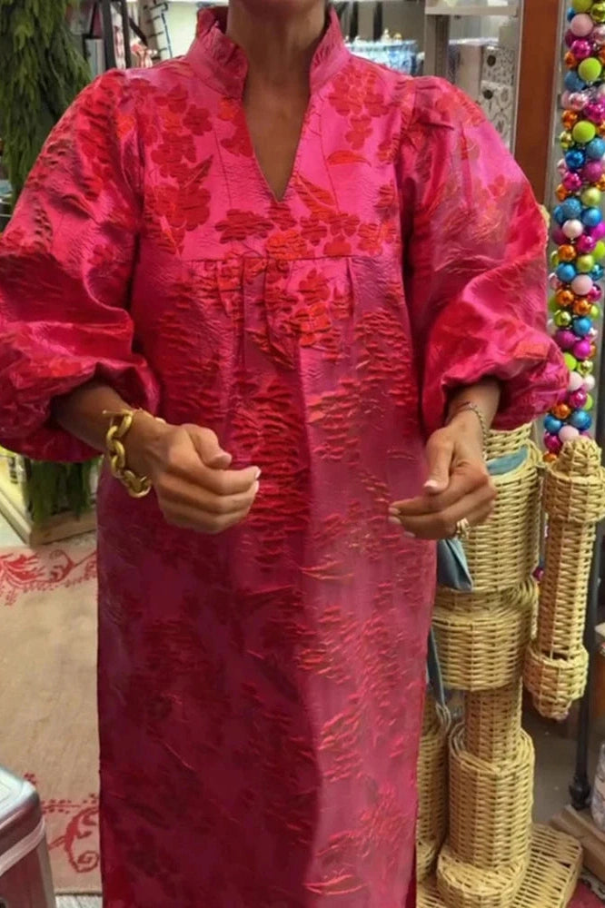 Glorol - Elegant Loose Split Pleated A-Line V-Neck Long Sleeve Maxi Dress