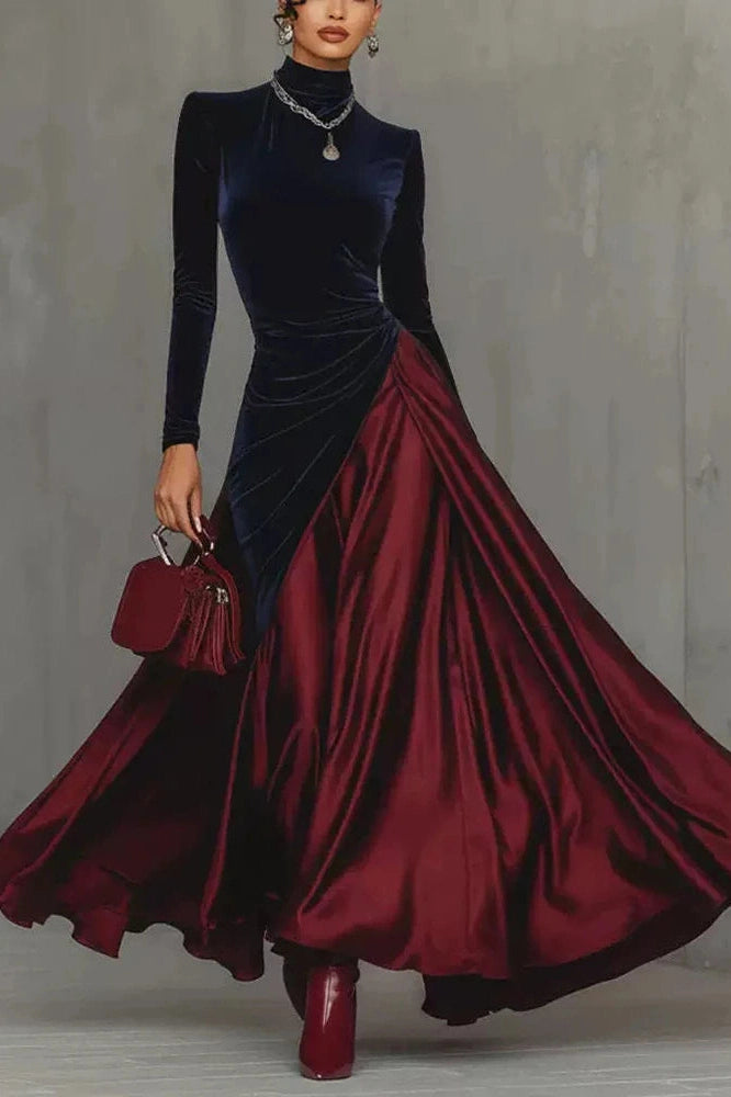 Glorol - Elegant High Waist Pleated Slim Long Sleeve Maxi Dress