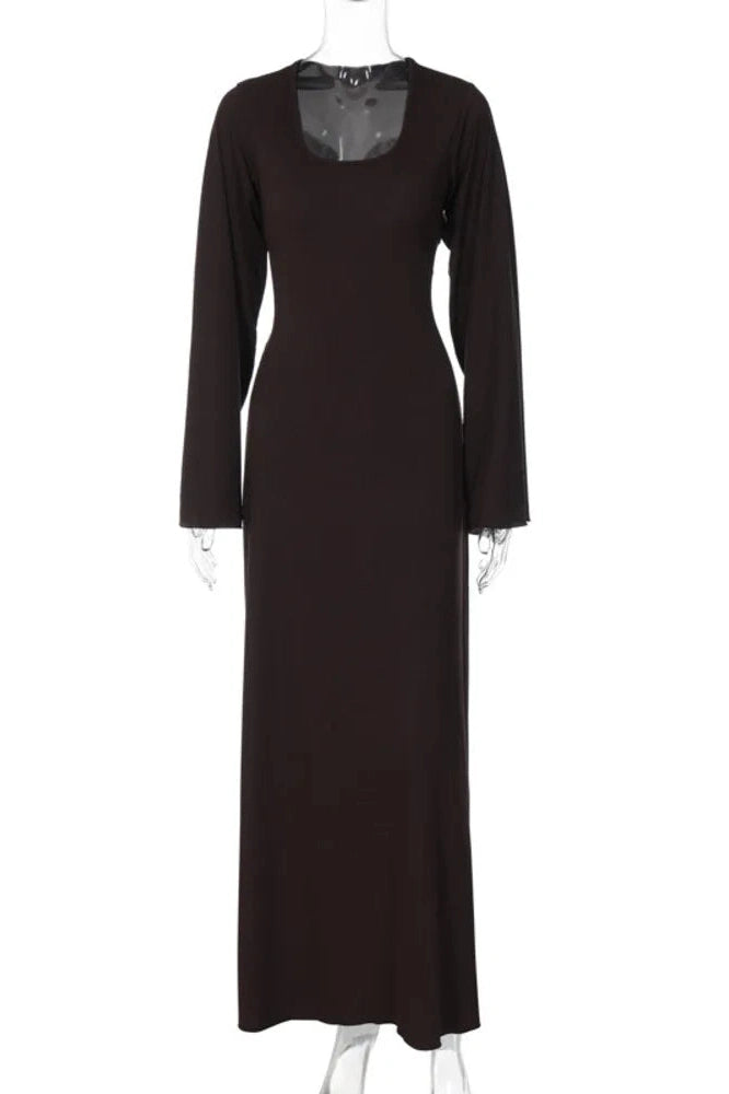 Glorol - Lace-up Long Sleeve Bodycon Maxi Dress