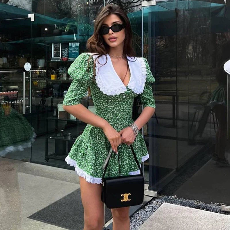 Glorol - Short Sleeve Lace High Waist Mini Dress