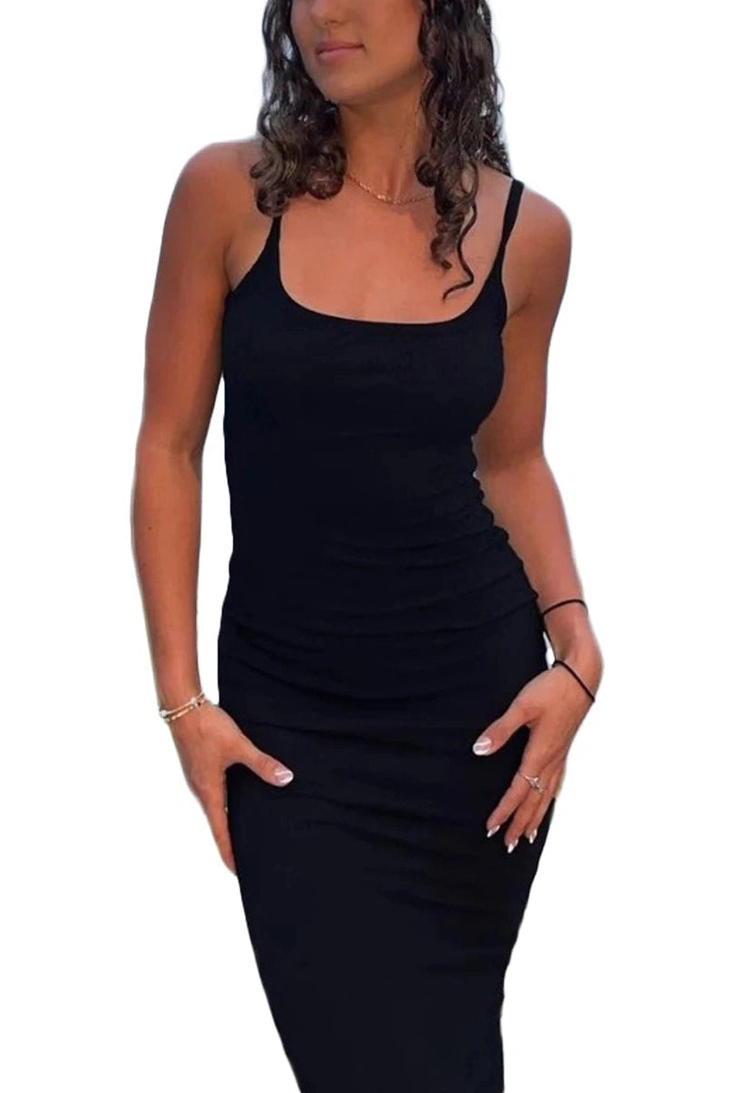 Glorol - Bodycon Sleeveless Square Neck Spaghetti Strap Midi Dress