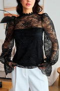 Glorol - Lace Patchwork Long Sleeve Printed Top