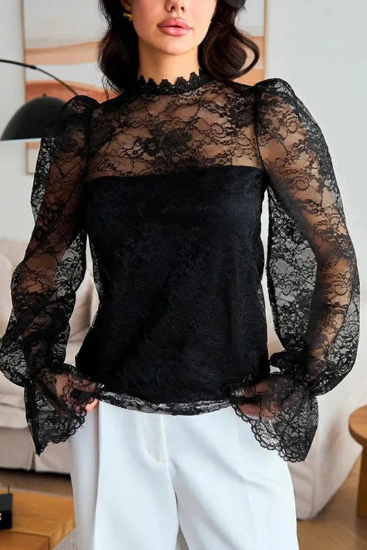 Glorol - Lace Patchwork Long Sleeve Printed Top