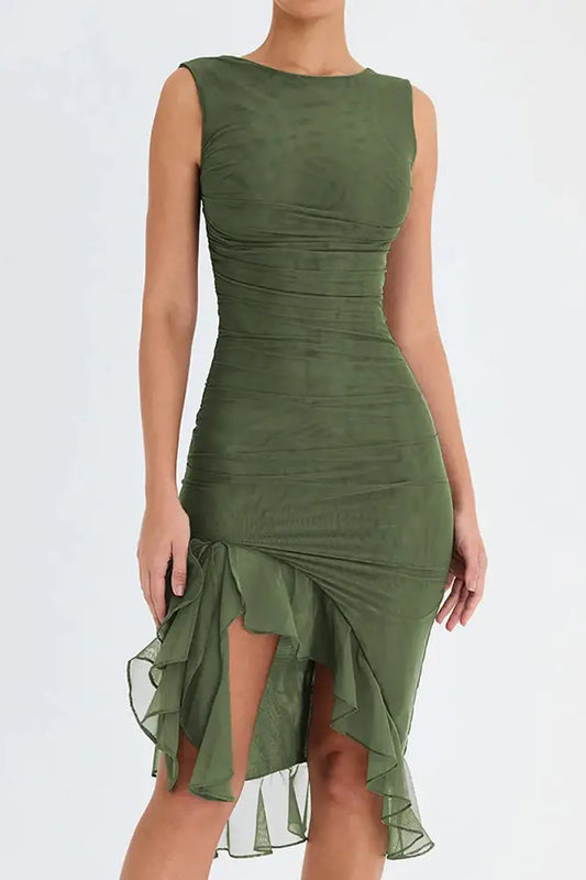 Chic Ruffle Ruched Backless Sleeveless Midi Dress